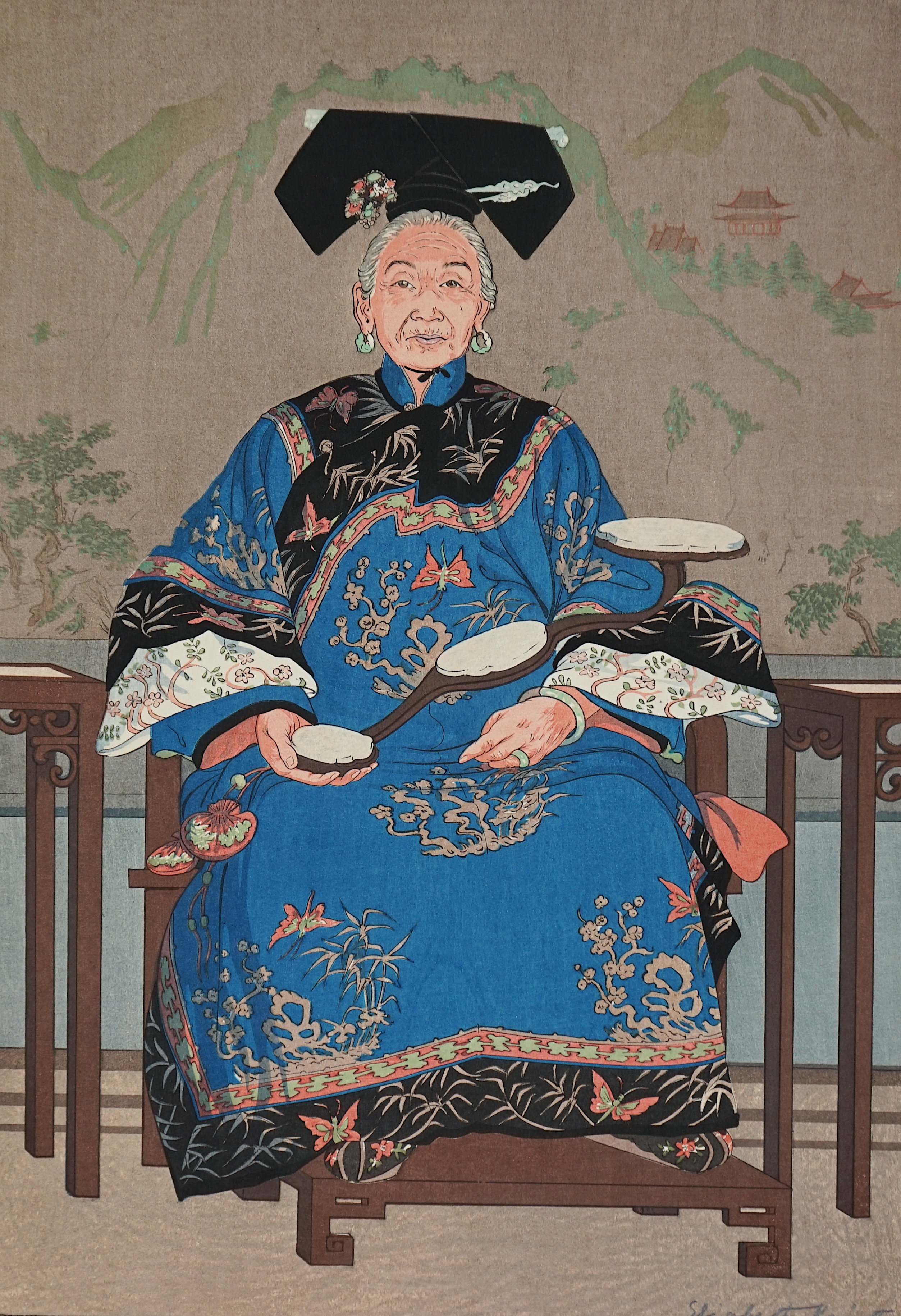 Elizabeth Keith (Scottish, 1887-1956), 'Manchu Lady of the Last Dynasty - Peking 1925', woodblock print, 45 x 31.5cm